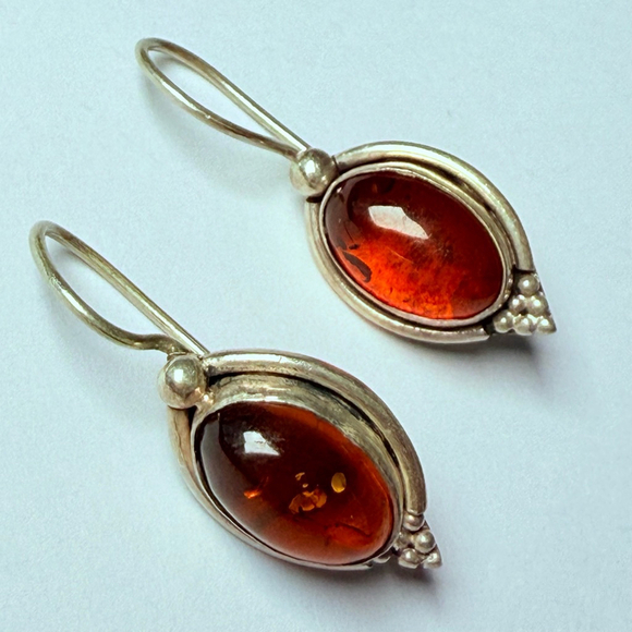 Baltic Honey Amber Beaded Dangle Drop Sterling Silver 925 Oval Earrings VTG
